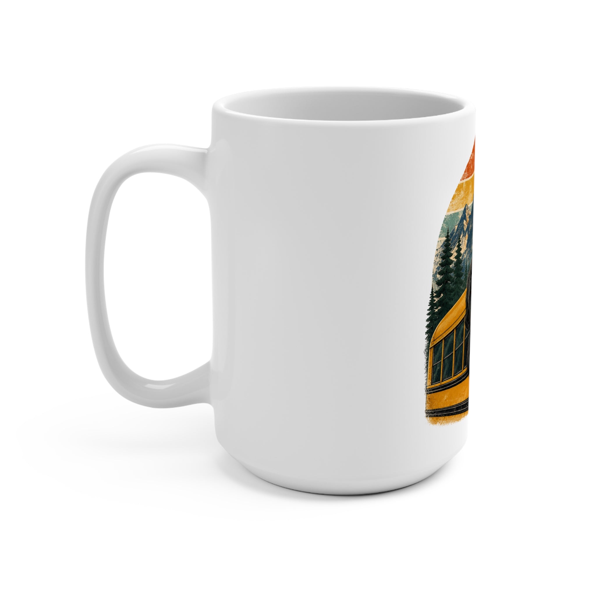 15oz Ceramic Mug — Dog on School Bus Retro Mountain Sunset