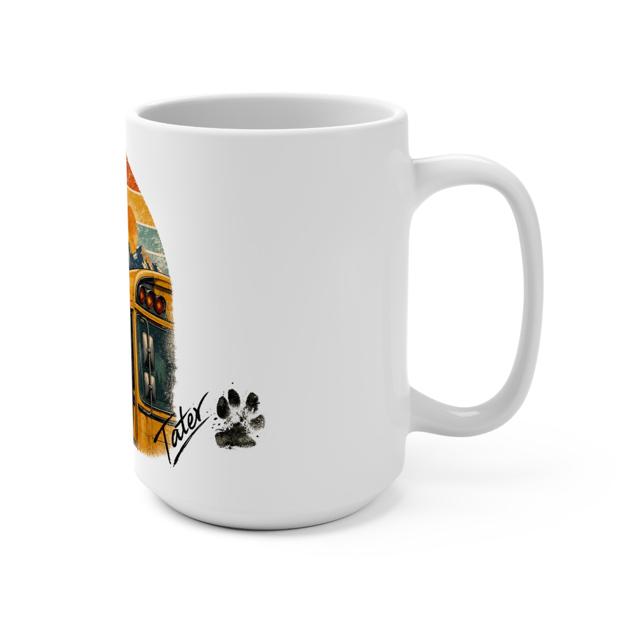15oz Ceramic Mug — Dog on School Bus Retro Mountain Sunset