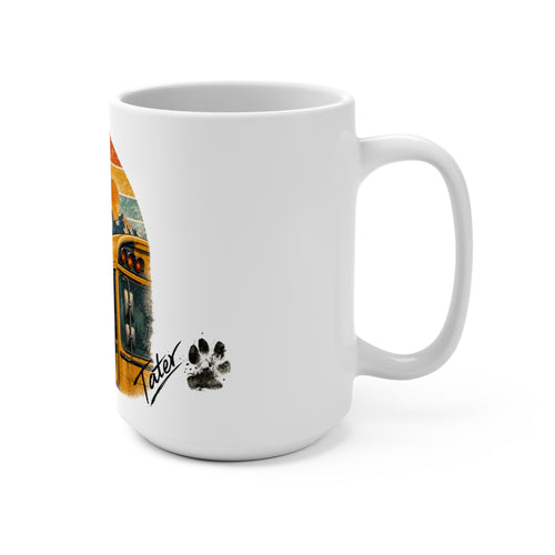 15oz Ceramic Mug — Dog on School Bus Retro Mountain Sunset