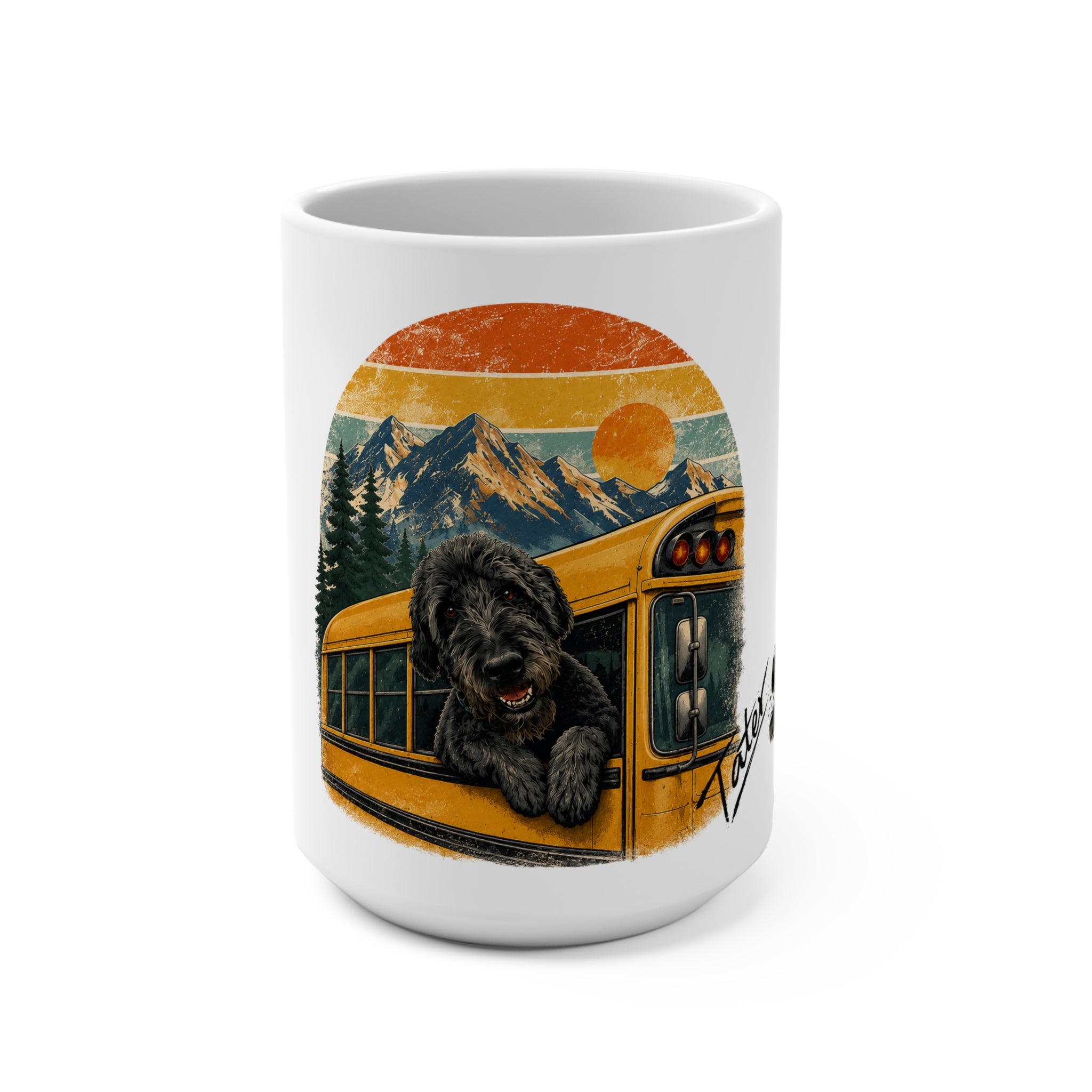 15oz Ceramic Mug — Dog on School Bus Retro Mountain Sunset