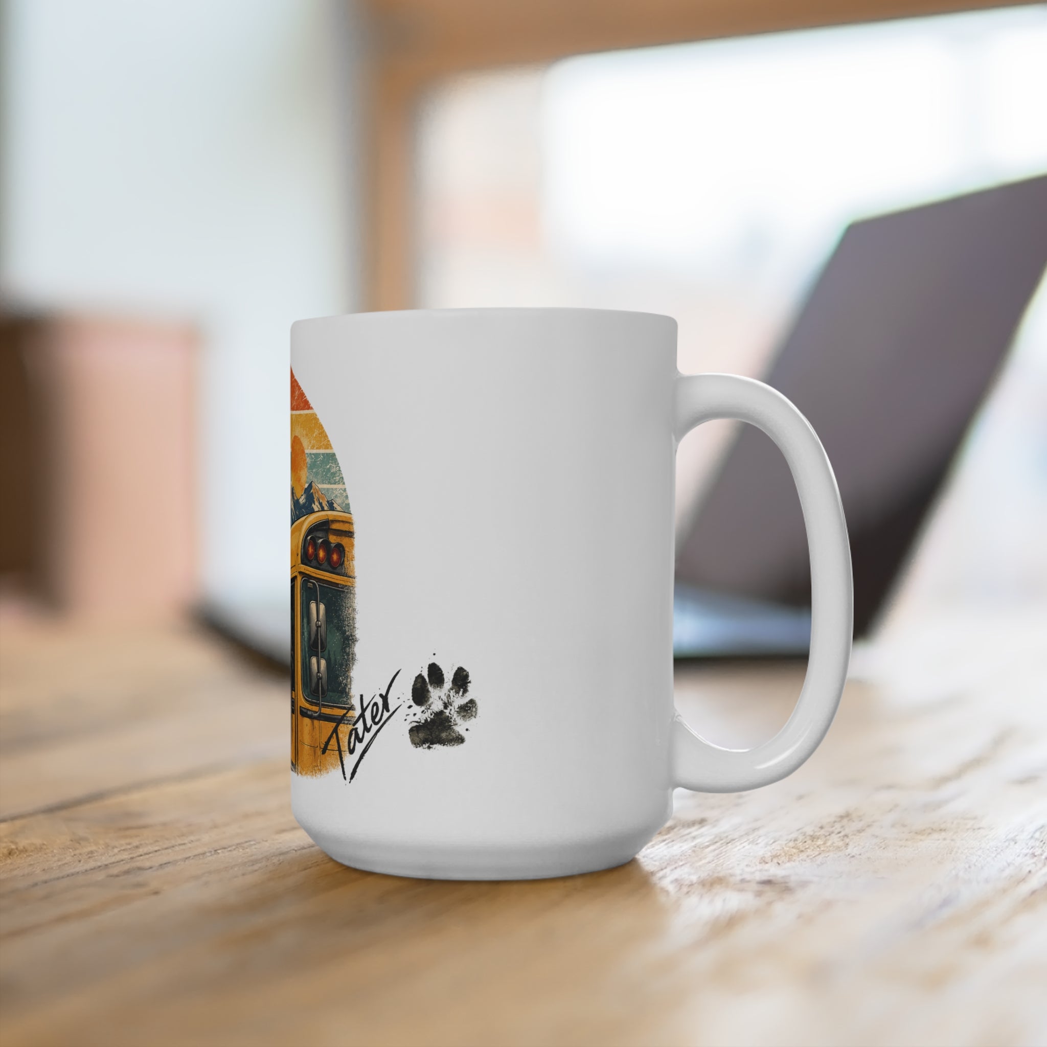 15oz Ceramic Mug — Dog on School Bus Retro Mountain Sunset